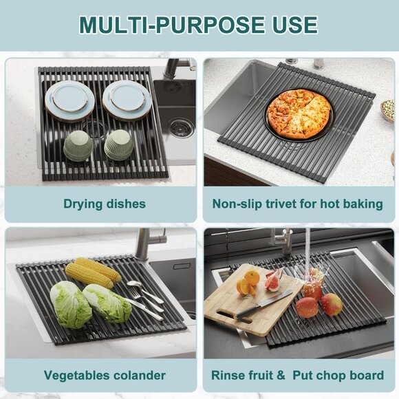 Roll Up Dish Drying Rack, Silicone Wrapped Over The Sink Multipurpose rack 1 Set - Picture 7 of 9